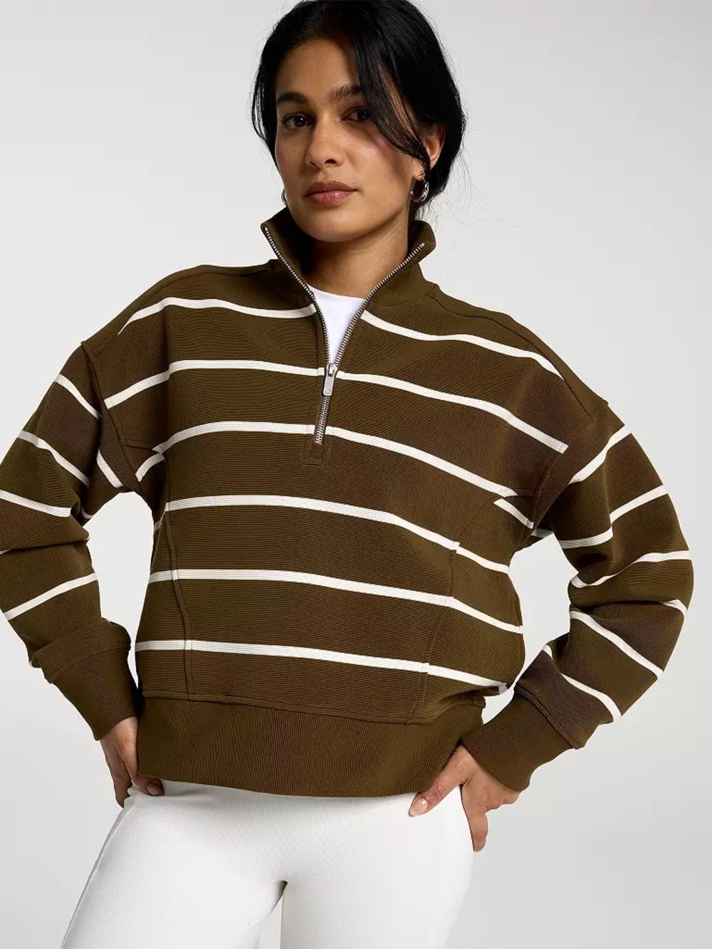 Calia Women’s Soft Scuba Mock Neck 1/4 Zip in Dark Khaki Olive Stripe, Size M
